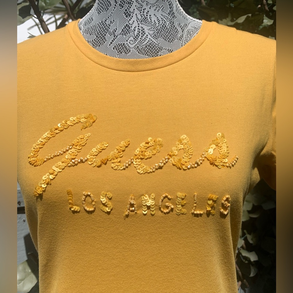 GUESS Women’s Yellow Sequin, Glamour Logo Cotton Tee NWT